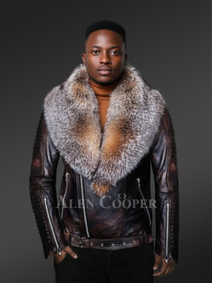 Coffee Leather Jacket with Crystal Fox Fur Collar for Men