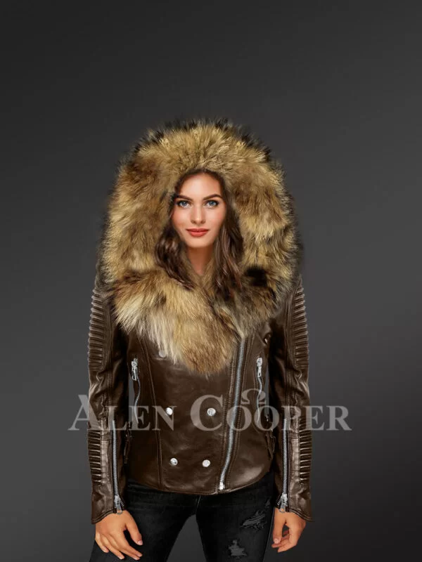 Coffee Moto Jackets with Detachable Finn Raccoon Fur Collar & Hood