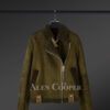 Distressed Olive Green Sheepskin Shearling Jacket For Women