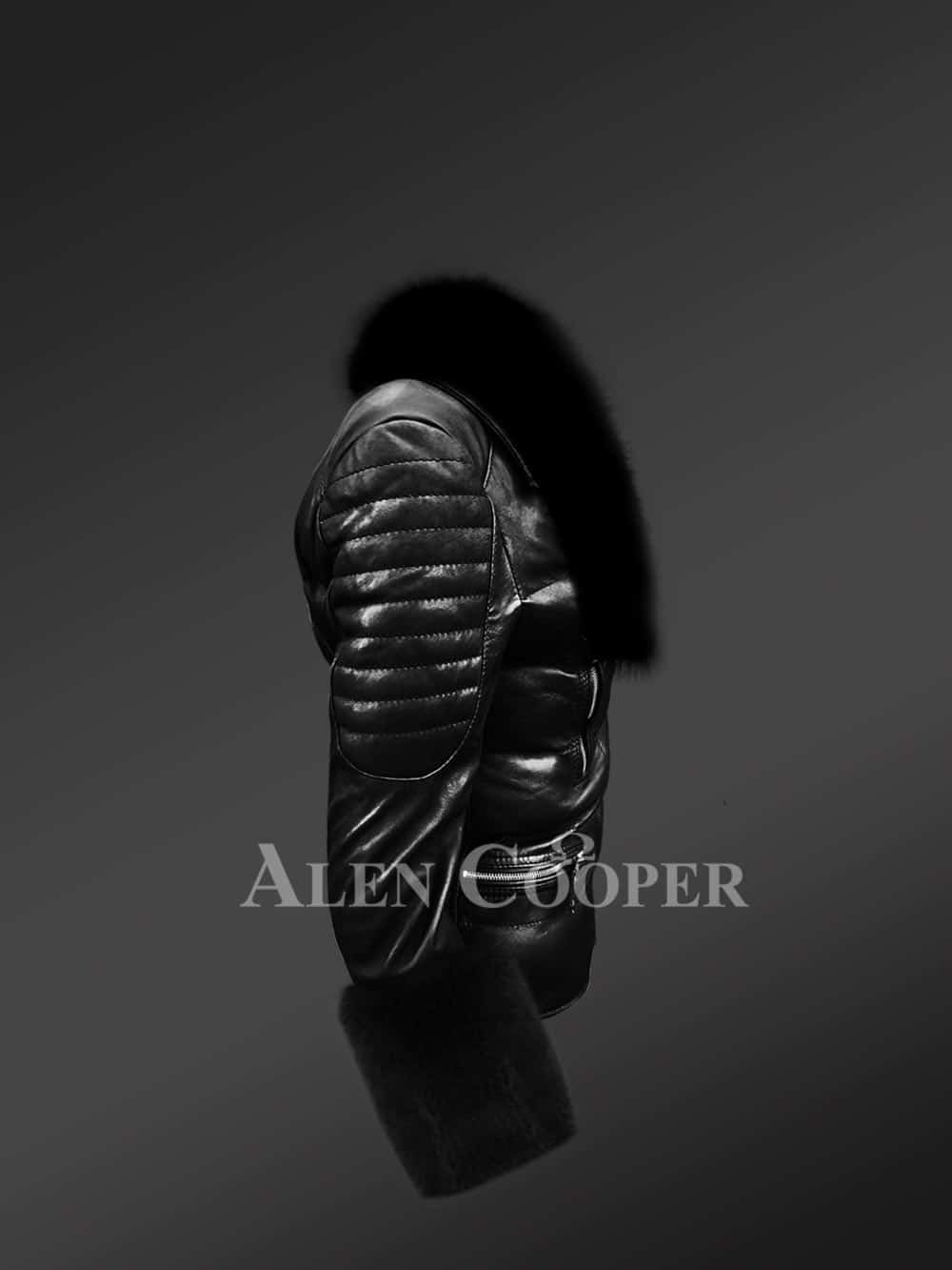 Exotic Black Moto Leather Jacket with Fox Fur and Hand Cuffs - Image 3