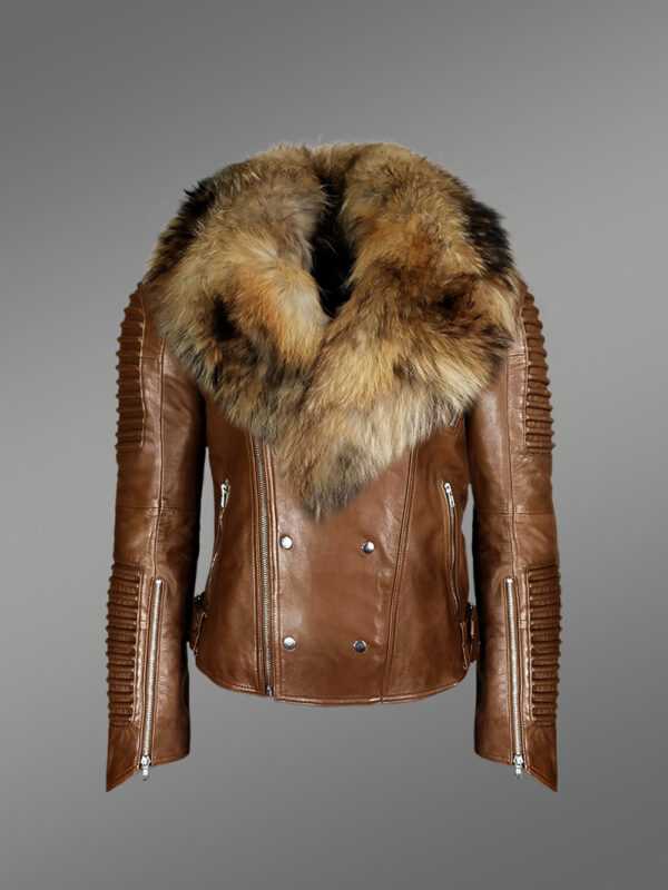 Tan Leather Jacket with Raccoon Fur Collar