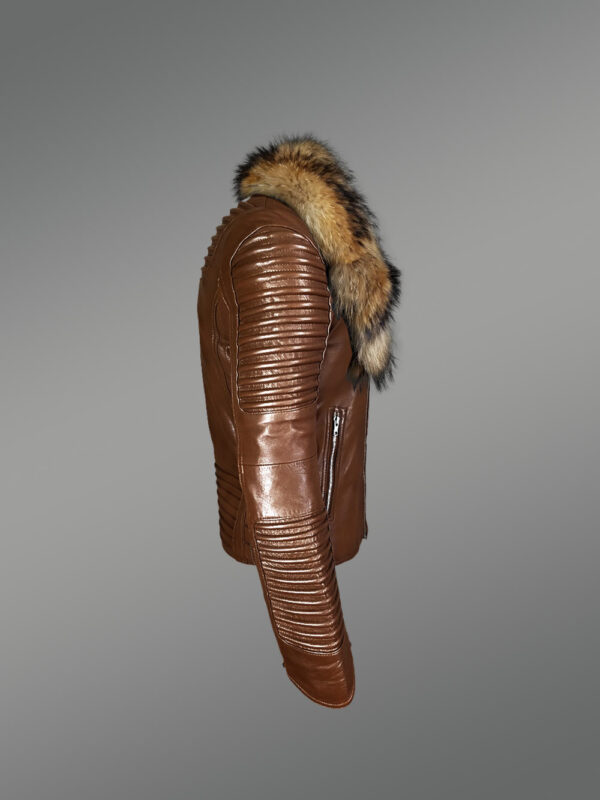 Tan Leather Jacket with Raccoon Fur Collar