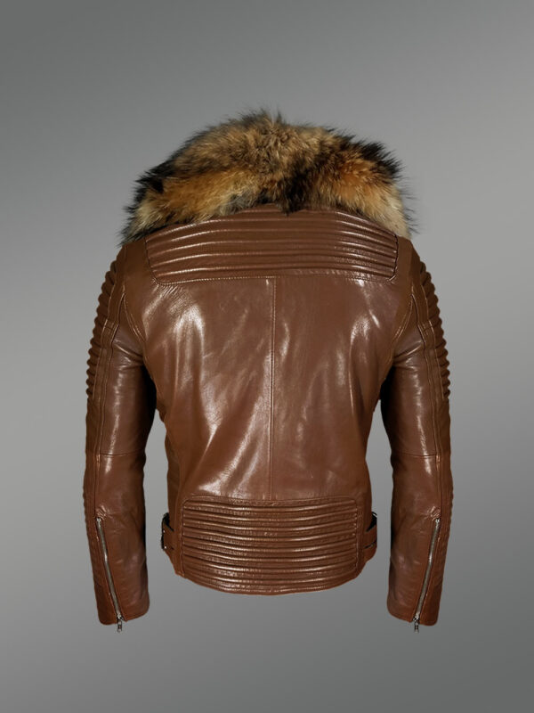 Tan Leather Jacket with Raccoon Fur Collar