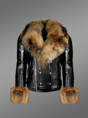 Men’s Leather Jacket with Detachable Fox Fur Collar and Cuffs