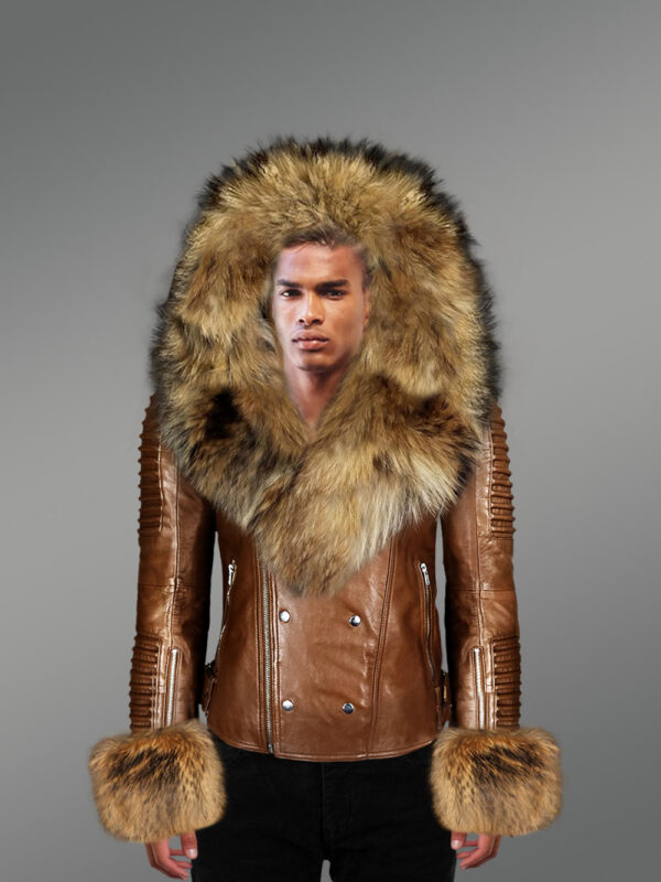 Men’s Brown Leather Jacket with Genuine Fur Hood and Handcuffs