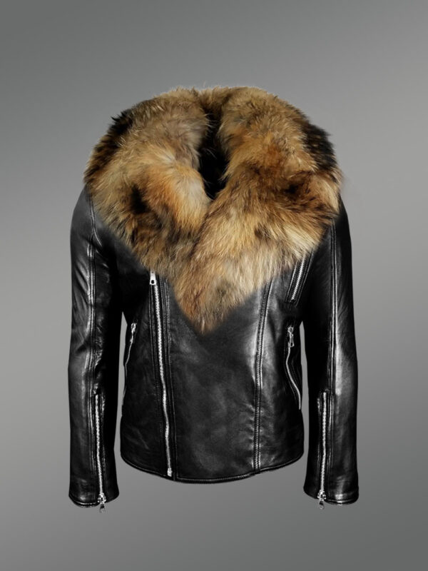 Mens Biker Jacket with Detachable Raccoon Fur Collar