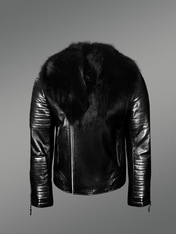 Super Stylish Real Leather Black Biker Jacket with Black Fox Fur