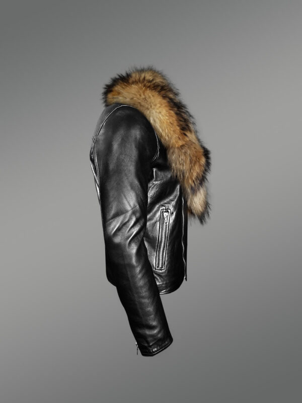 Mens Biker Jacket with Detachable Raccoon Fur Collar