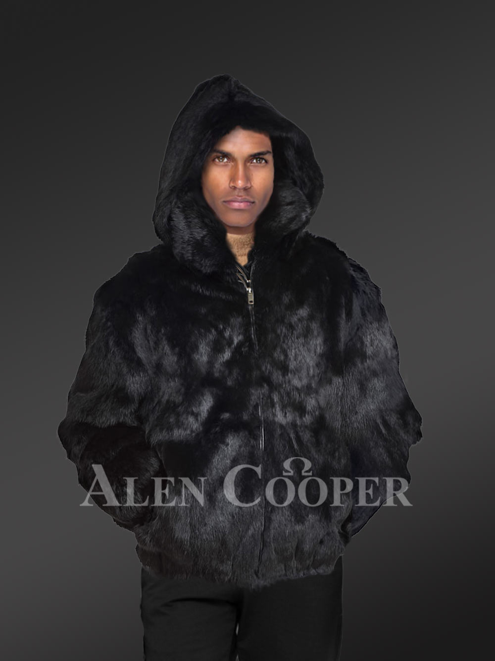 Men’s Authentic Rabbit Fur Coat with Detachable Hood in Black - Image 2