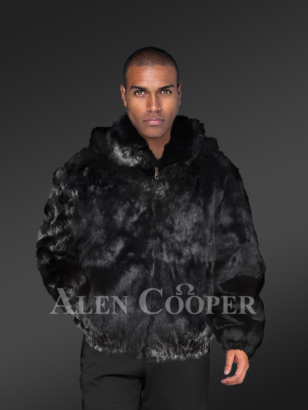 Men’s Authentic Rabbit Fur Coat with Detachable Hood in Black - Image 3