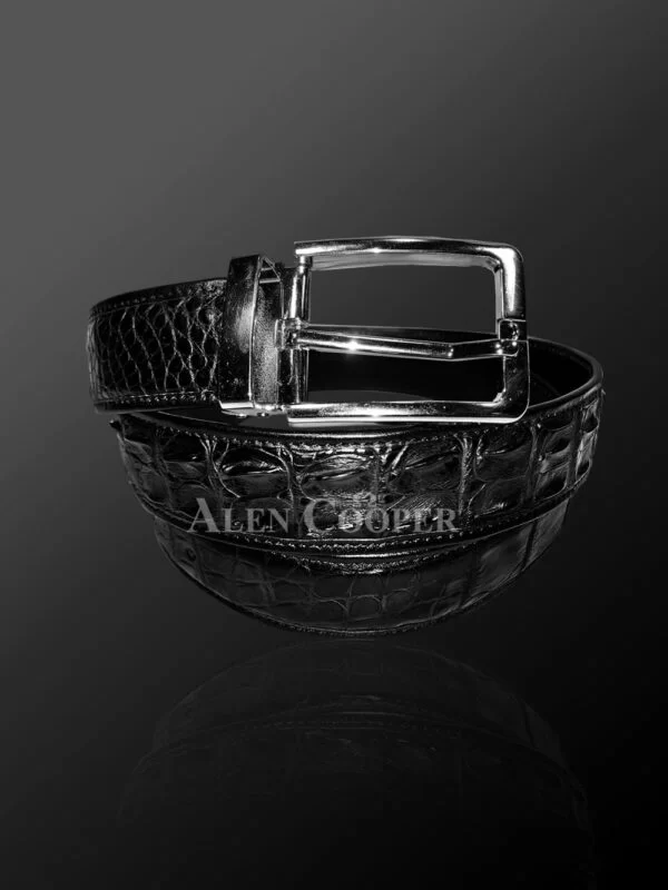 Genuine Alligator Skin Black Leather Belt With Metal Buckle - Image 3