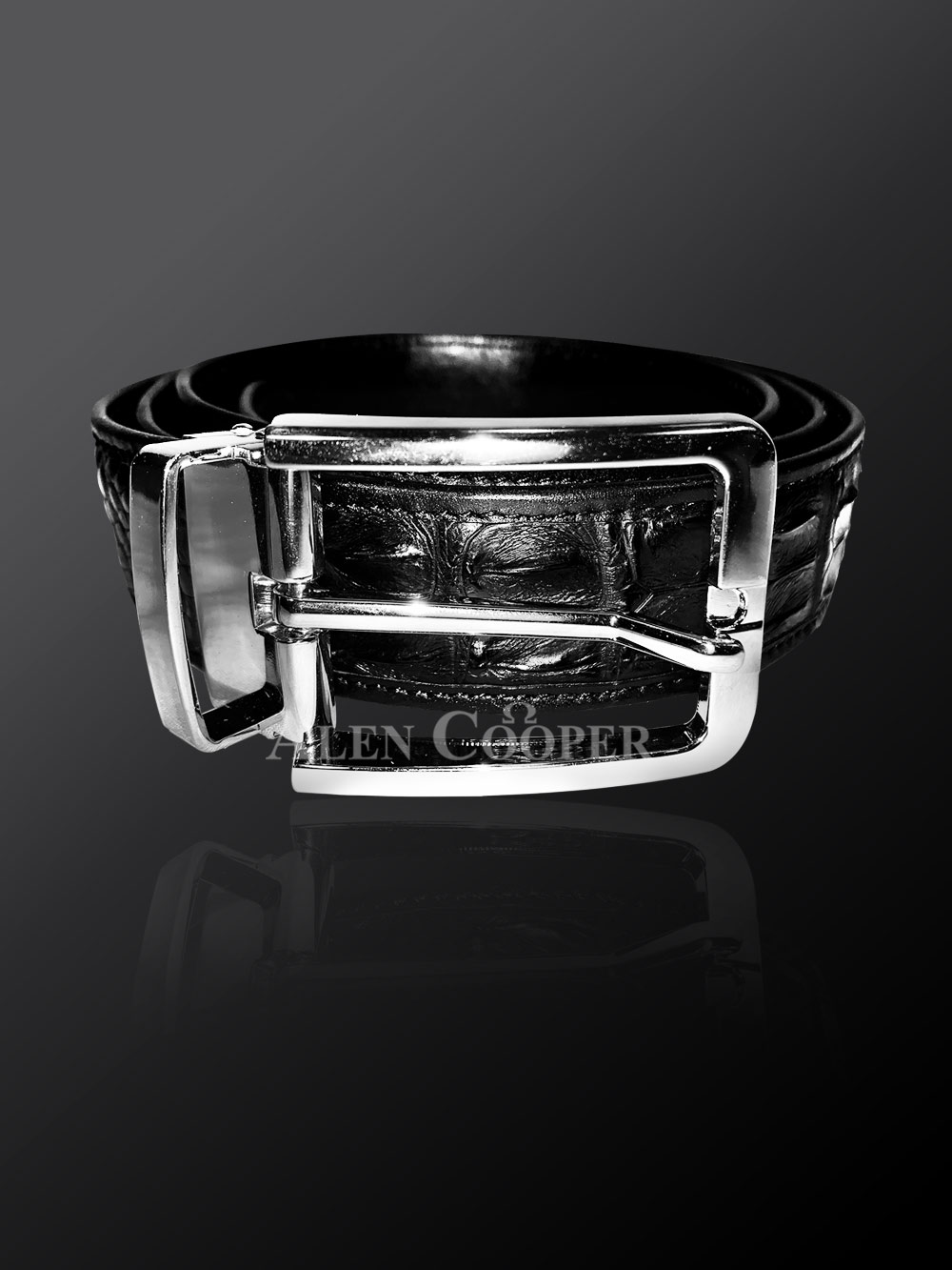 Genuine Alligator Skin Black Leather Belt With Metal Buckle