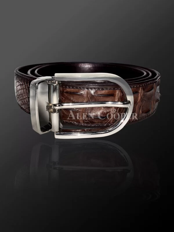 Genuine Alligator Skin Leather Belt In Brown With Metal Buckle