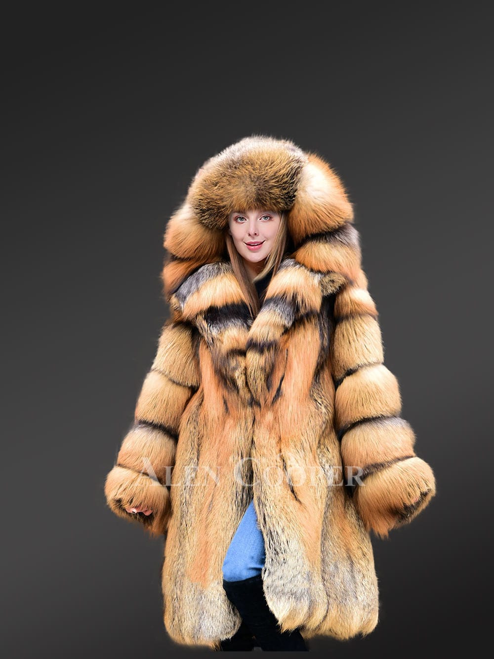 Fox Fur Trench Coat with Wide Hood - Image 4