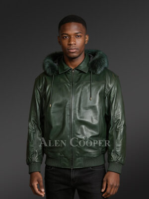 Green Real Leather Bomber Styled Jacket with Hood