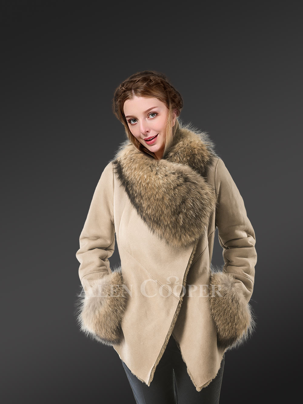 Long Sheepskin Coat with Raccoon Fur on Collar and Cuffs - Image 2