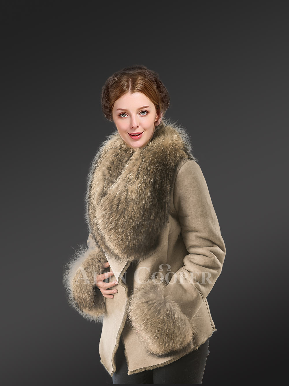 Long Sheepskin Coat with Raccoon Fur on Collar and Cuffs - Image 3
