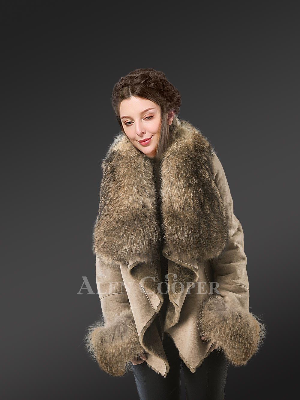 Long Sheepskin Coat with Raccoon Fur on Collar and Cuffs - Image 4