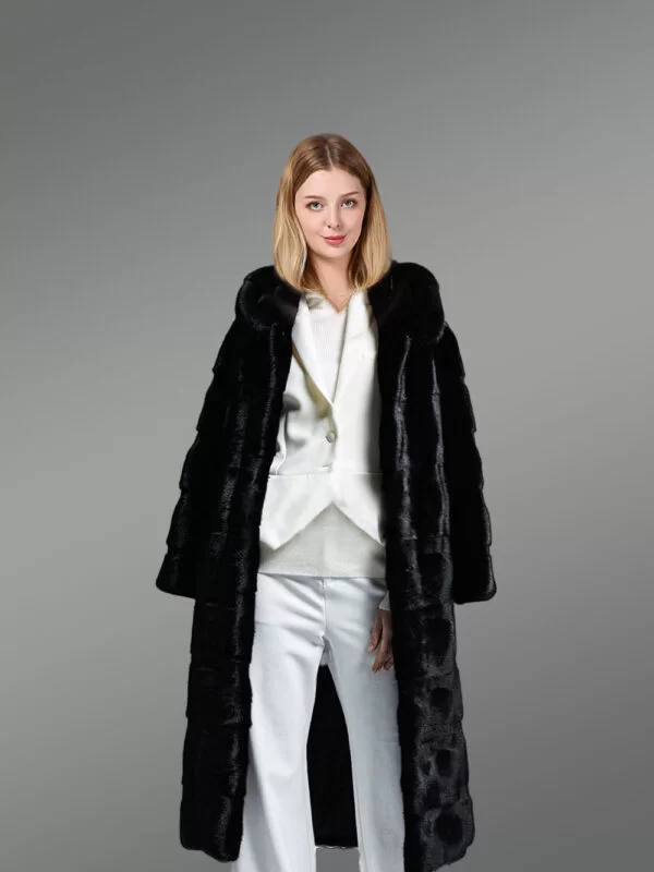 Hooded Black Mink Fur Long Coat For Elegant Women