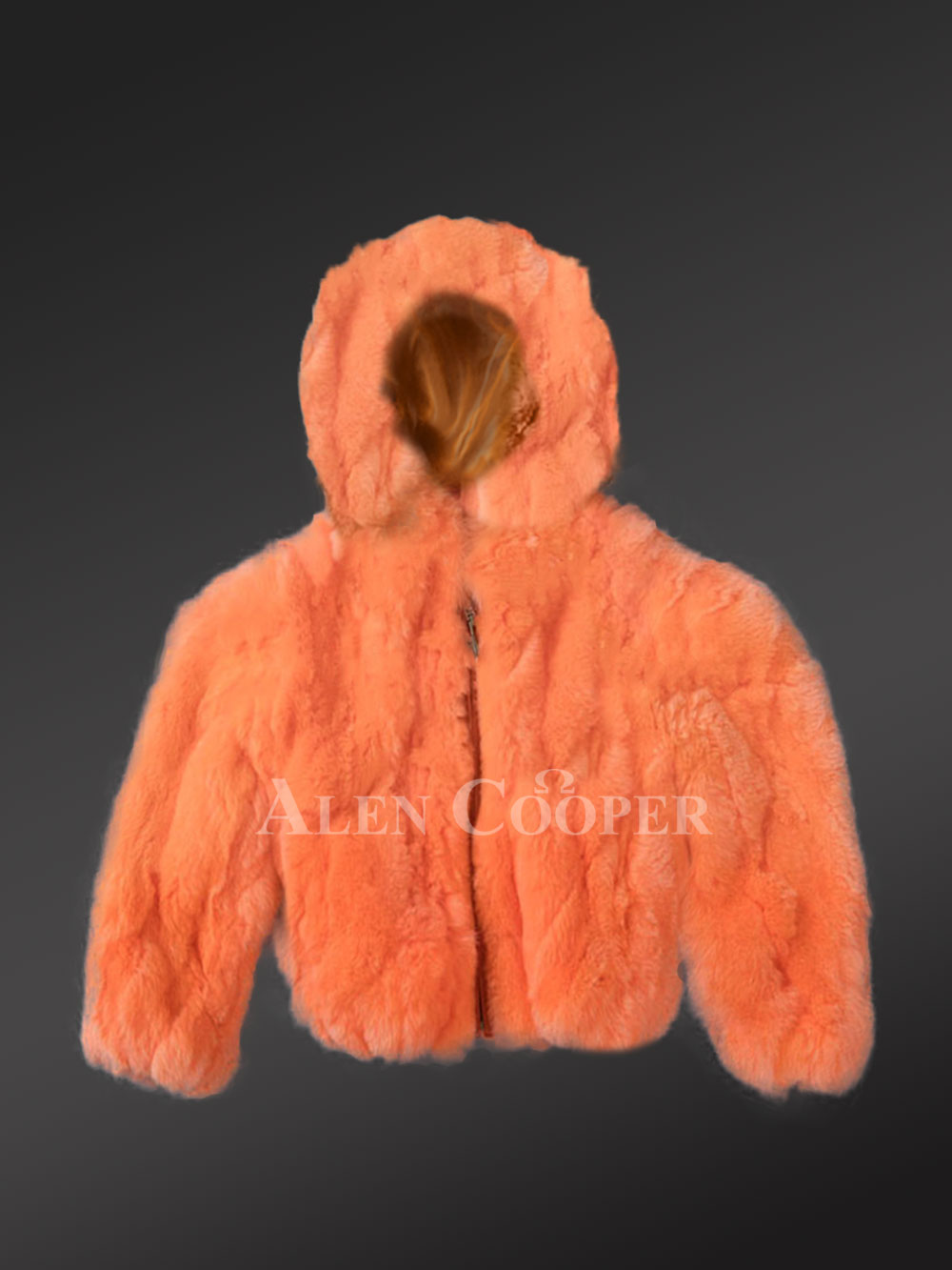 Kids’ Peach Rabbit Fur Bomber Jacket with Hood - Image 3