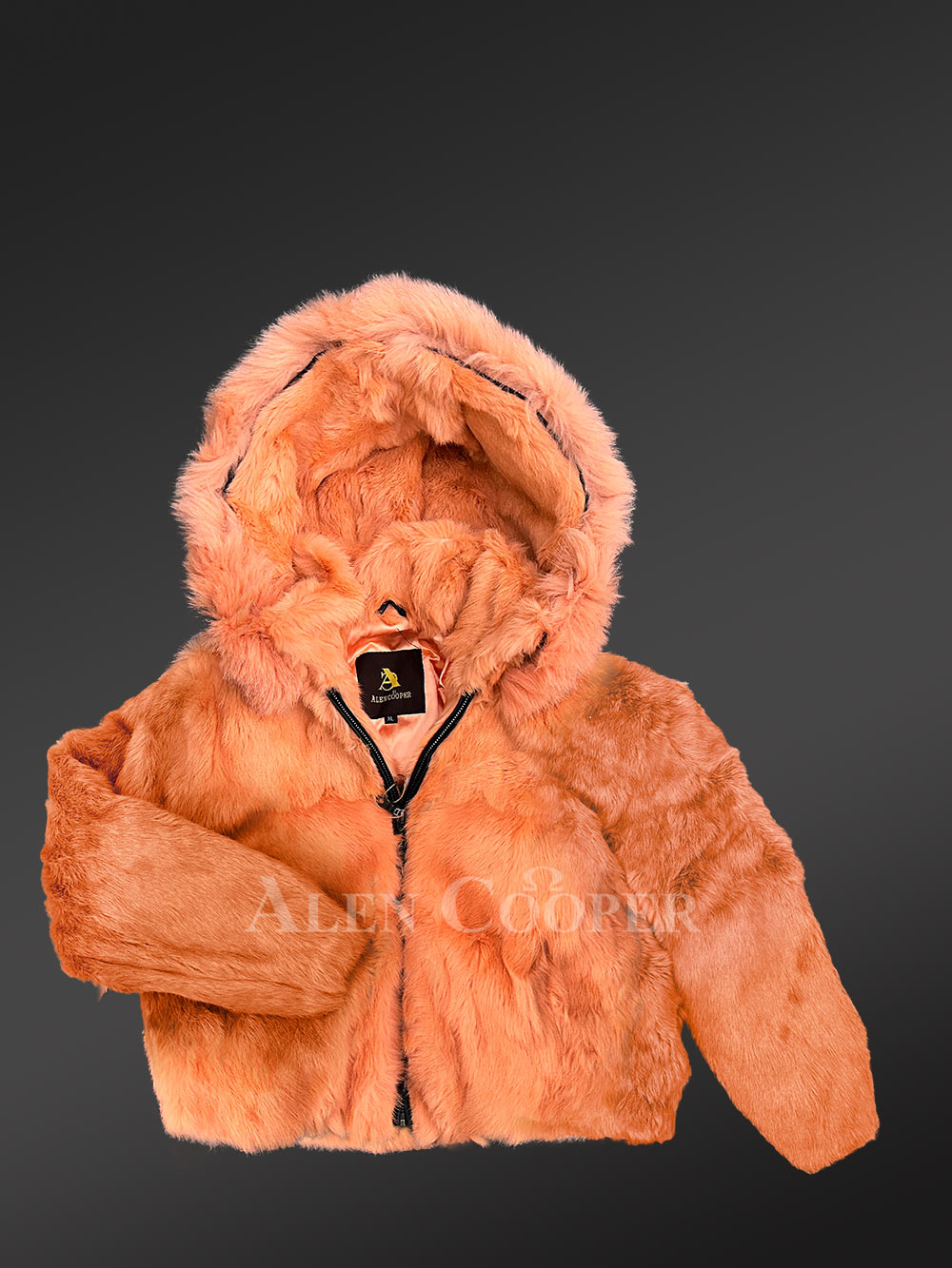 Kids’ Peach Rabbit Fur Bomber Jacket with Hood - Image 2