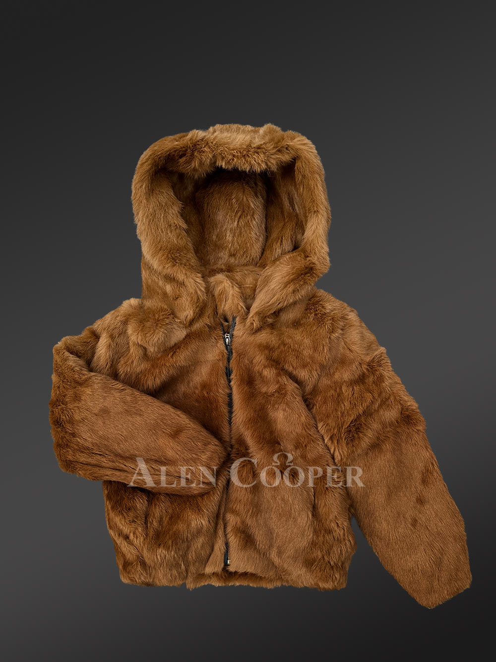 Kids’ Light Brown Rabbit Fur Bomber Jacket with Hood - Image 4