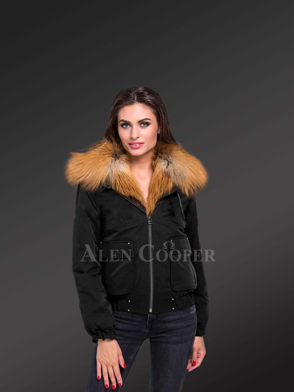 Ladies’ Golden Island Fox Fur Hybrid Black Bomber Jacket with Rabbit Liner Convertibles Reflect Grandeur - Image 2