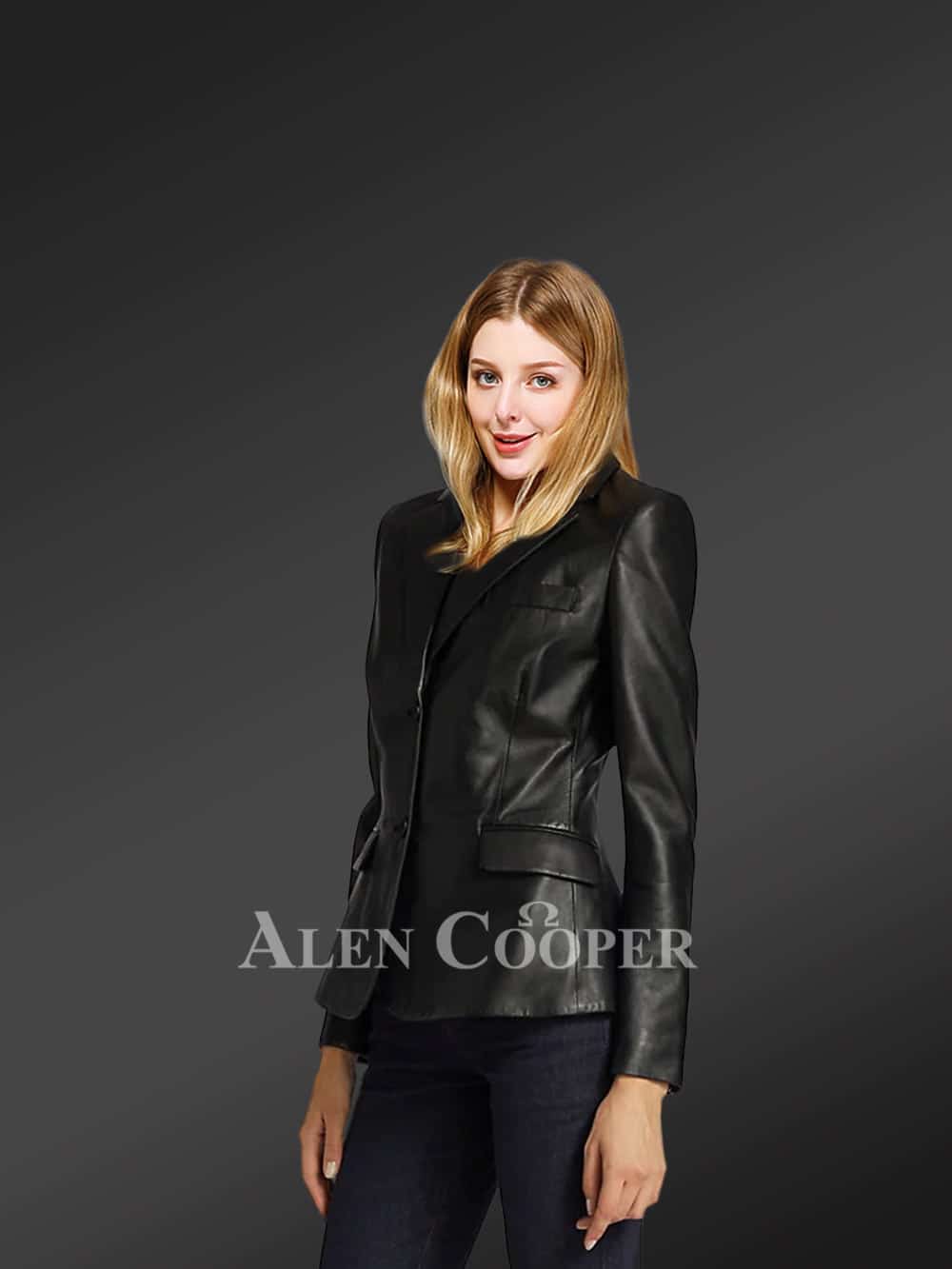 Ladies’ Leather Blazer for Greater Charm and Appeal in Black - Image 3