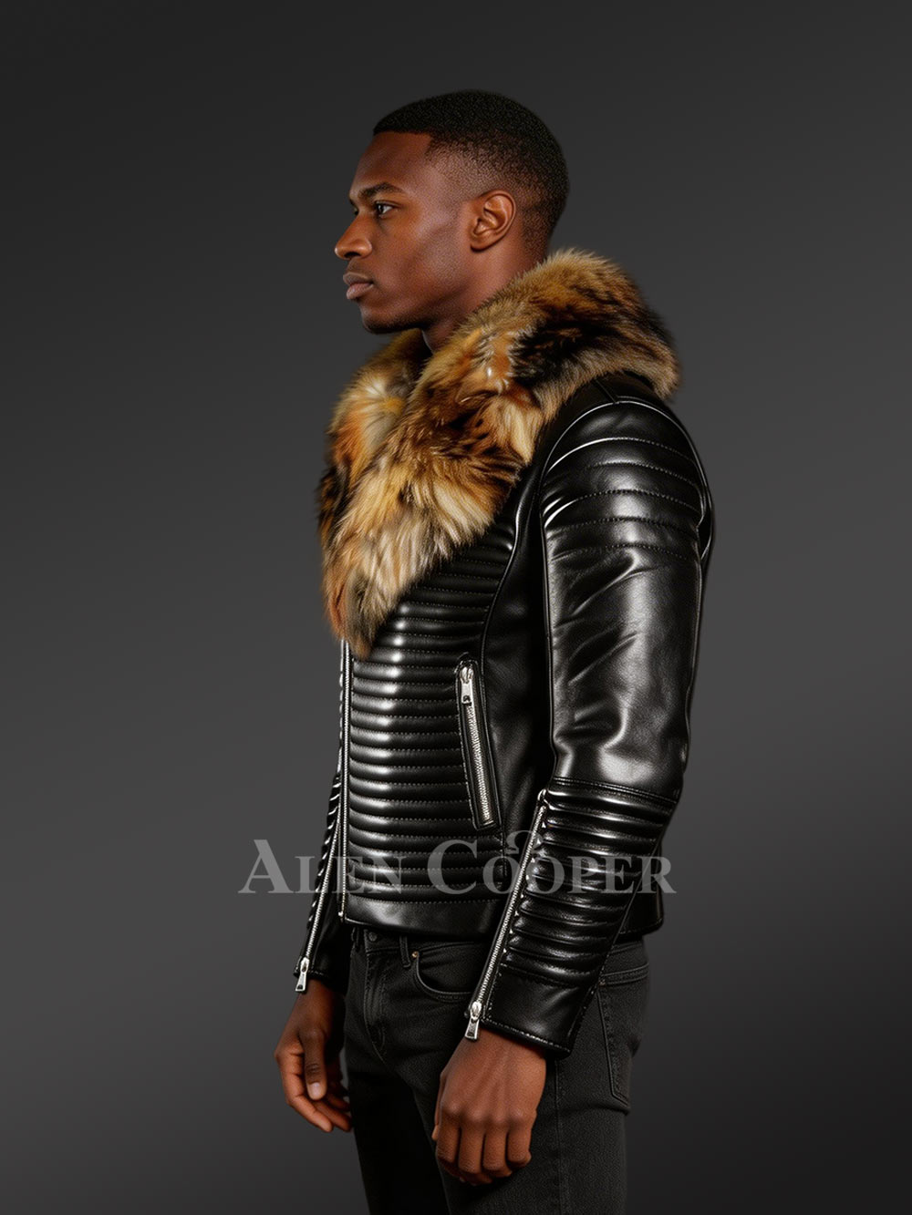 Leather Biker Jacket with Fur in Shawl Style Collar - Image 3