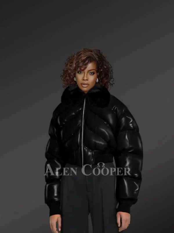 Leather Bomber Jacket With Fox Fur Collar For Women