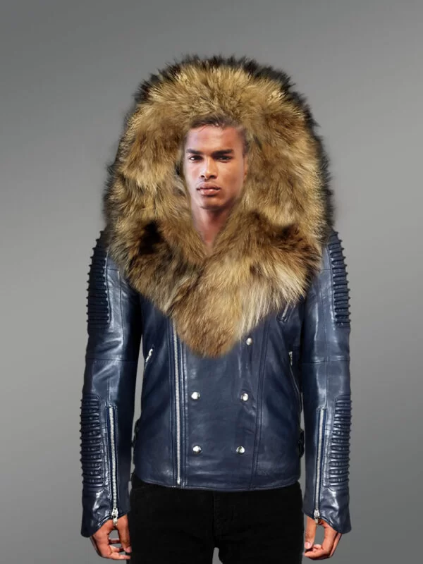 Navy Blue Leather Jacket with Fur Collar for Men - Image 2