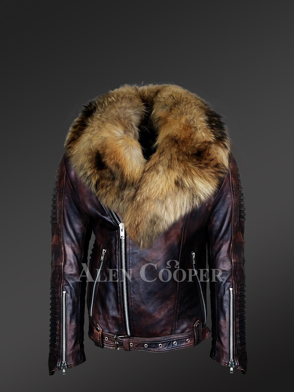Leather Jacket with Belt and Fur Collar - Image 3