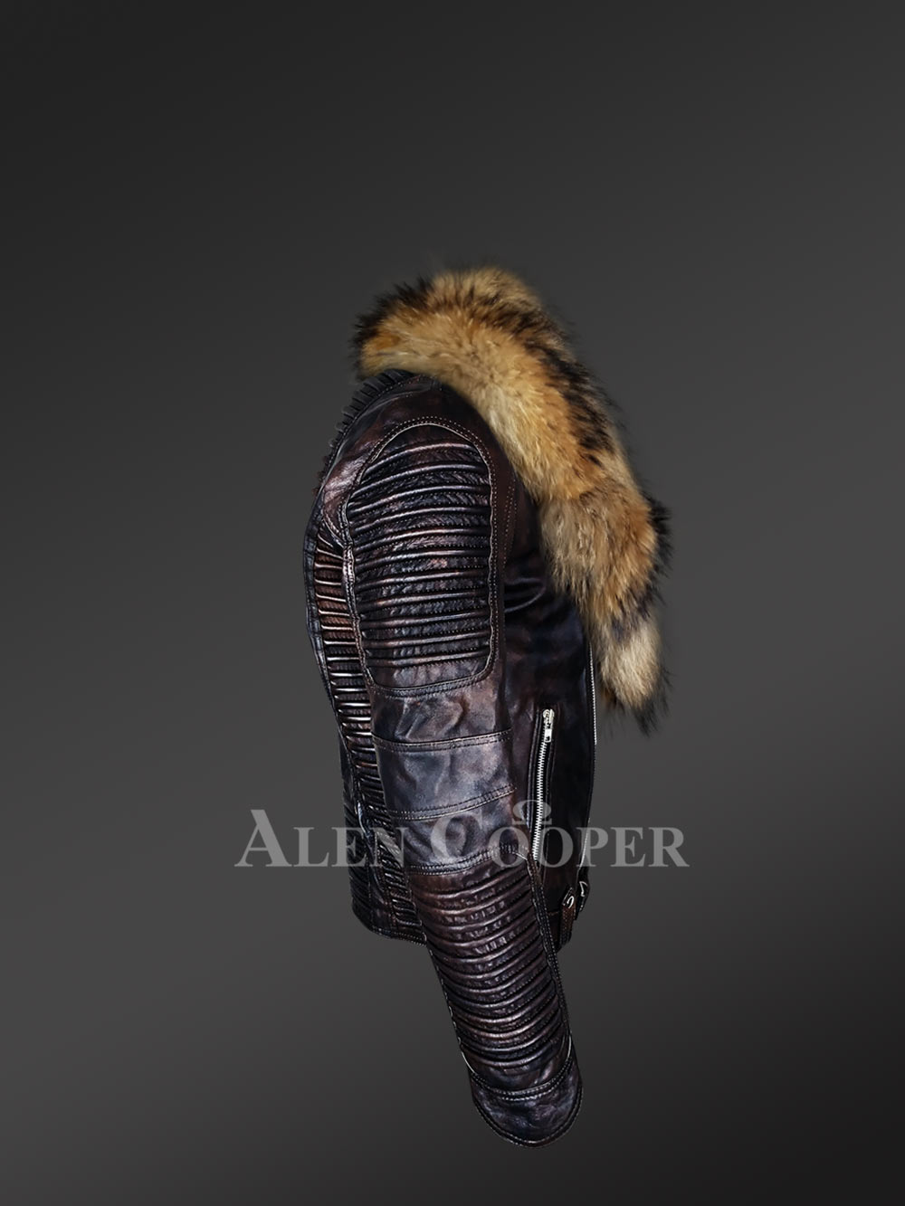 Leather Jacket with Belt and Fur Collar - Image 4