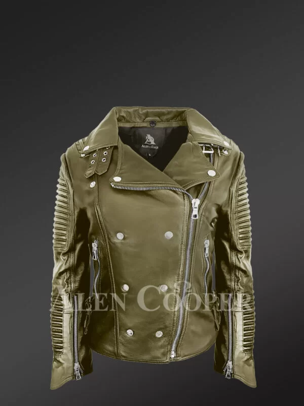 Olive Leather Biker Jacket For Women - Image 2