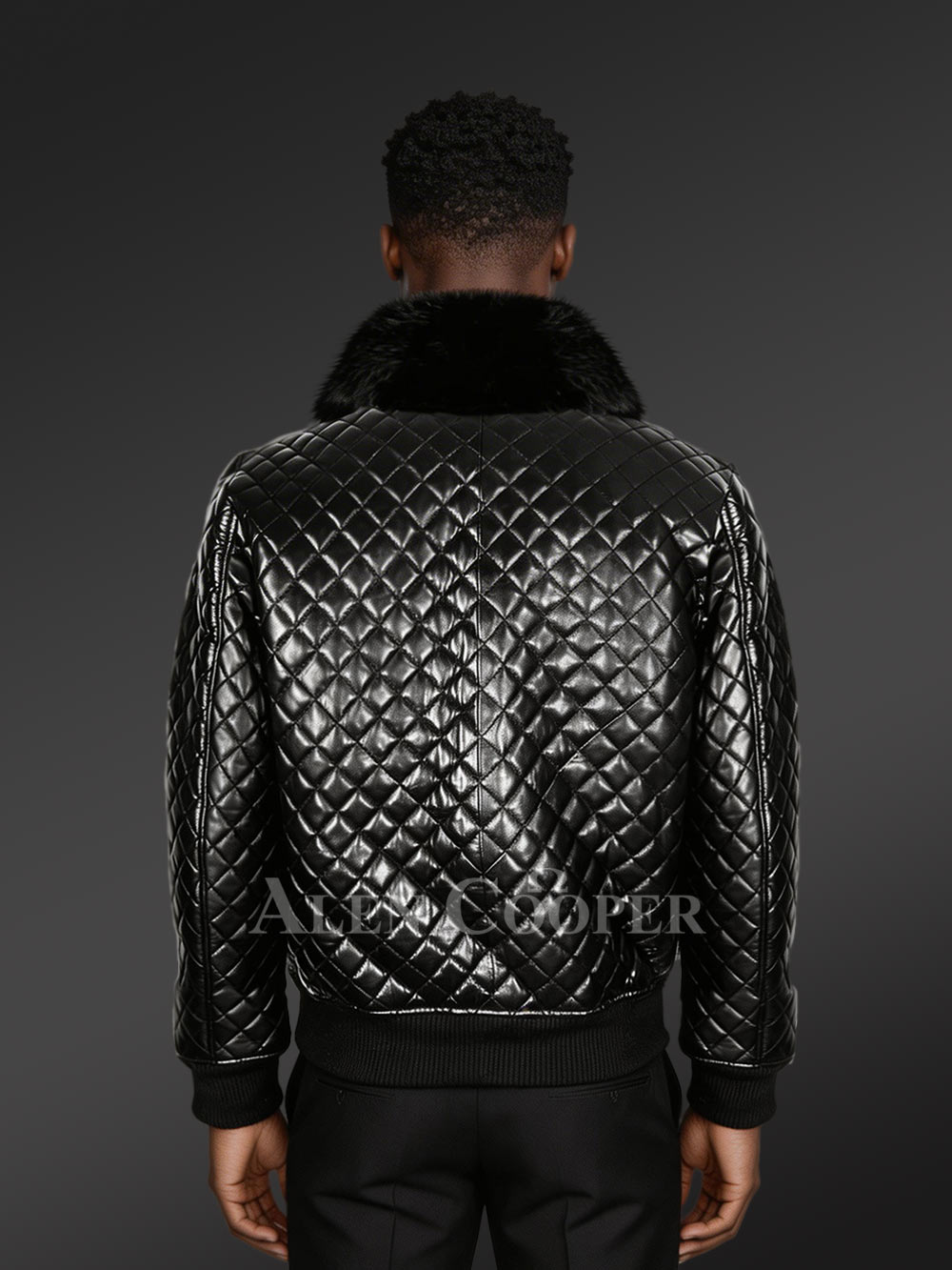 Leather Quilted Bomber Jacket with Fox Fur Collar - Image 4
