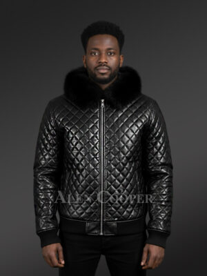 Leather Quilted Bomber Jacket with Fox Fur Collar