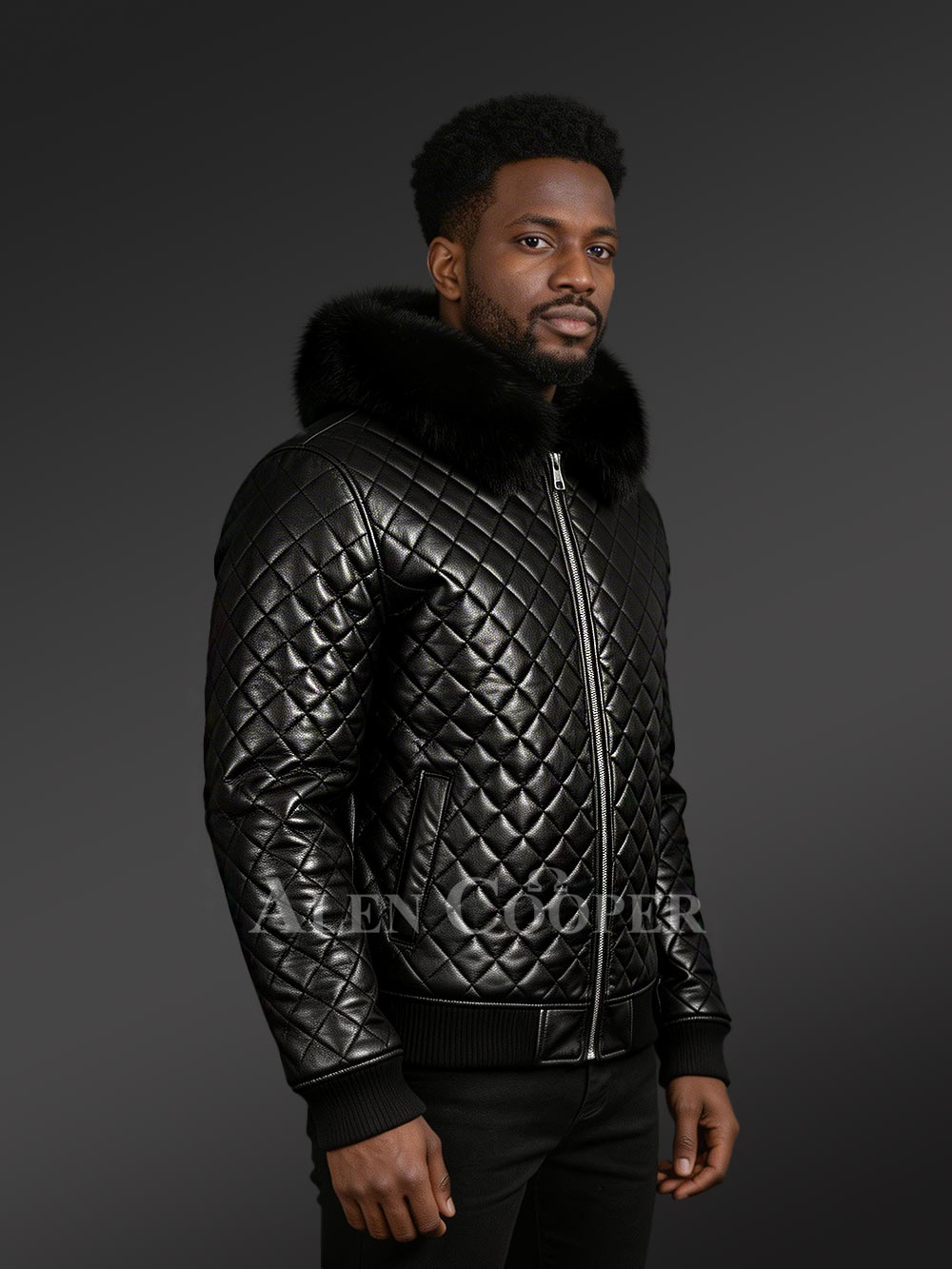 Leather Quilted Bomber Jacket with Fox Fur Collar - Image 3