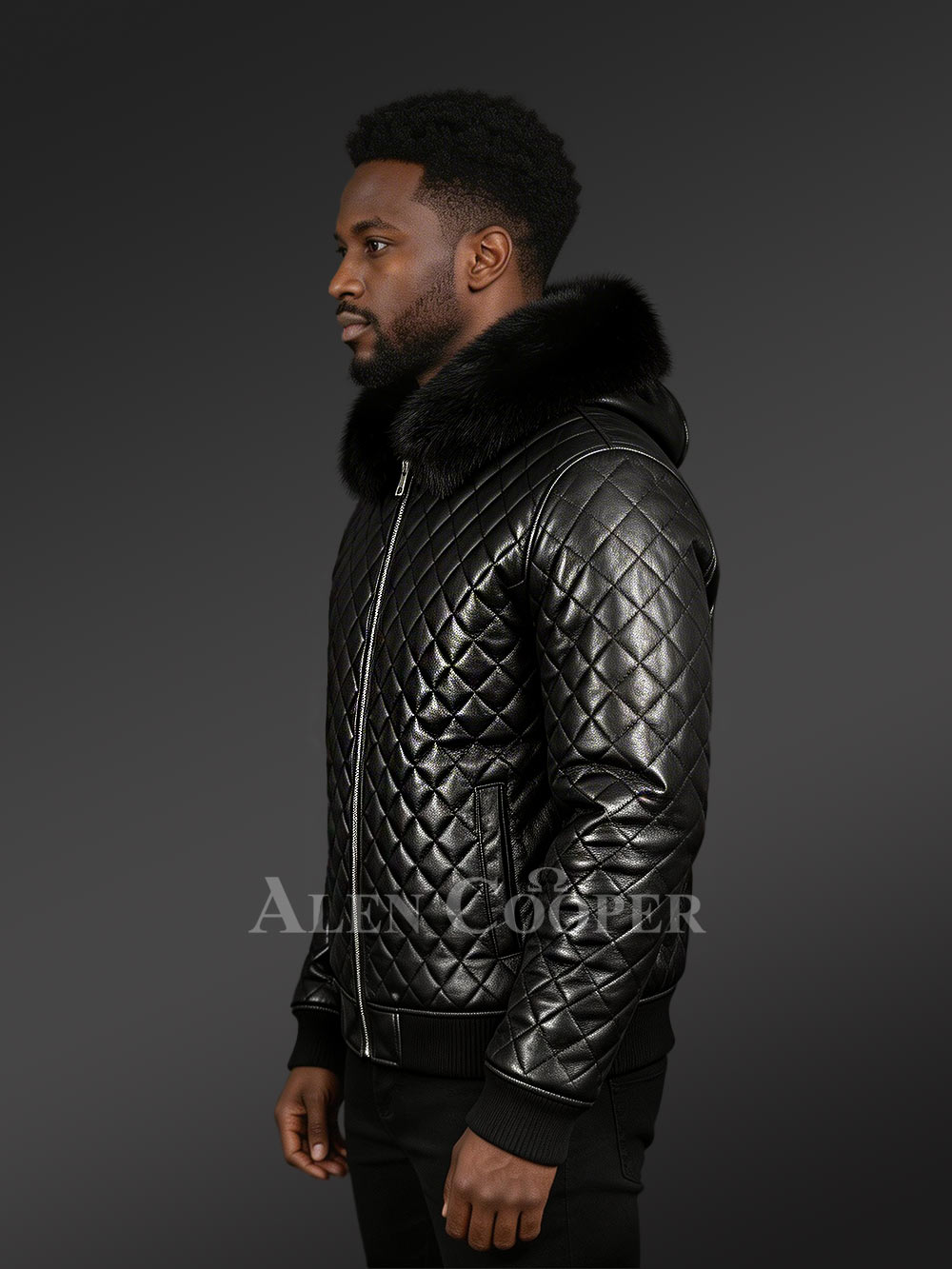 Leather Quilted Bomber Jacket with Fox Fur Collar - Image 2