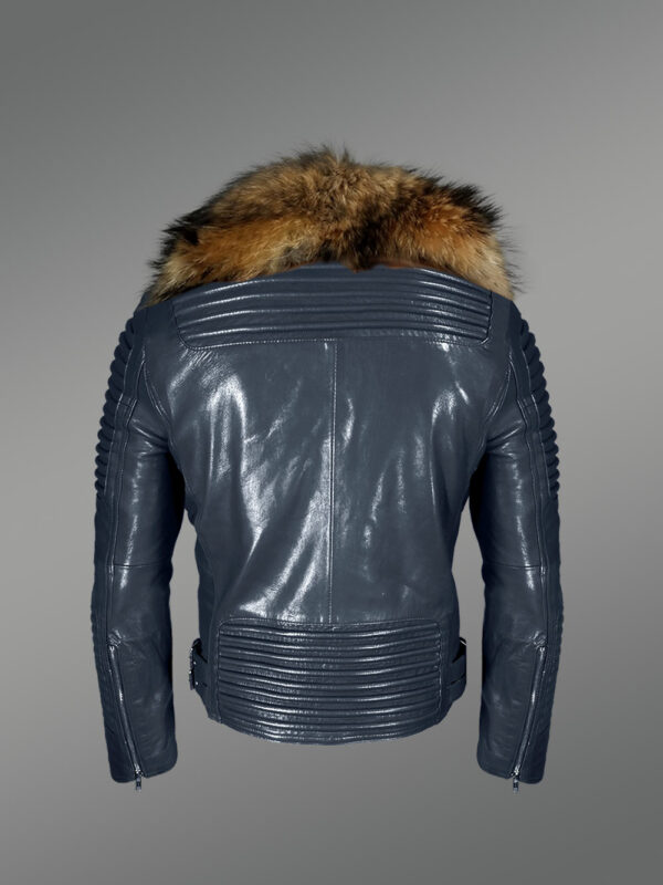 Navy Blue Leather Jacket with Fur Collar for Men - Image 5