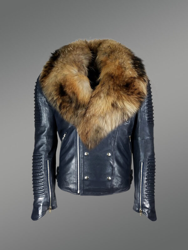 Navy Blue Leather Jacket with Fur Collar for Men - Image 3