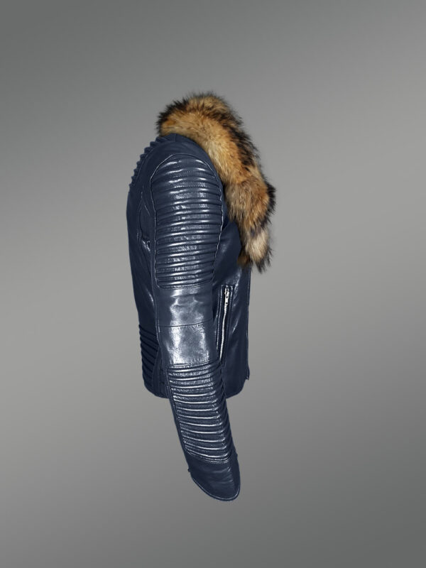 Navy Blue Leather Jacket with Fur Collar for Men - Image 4