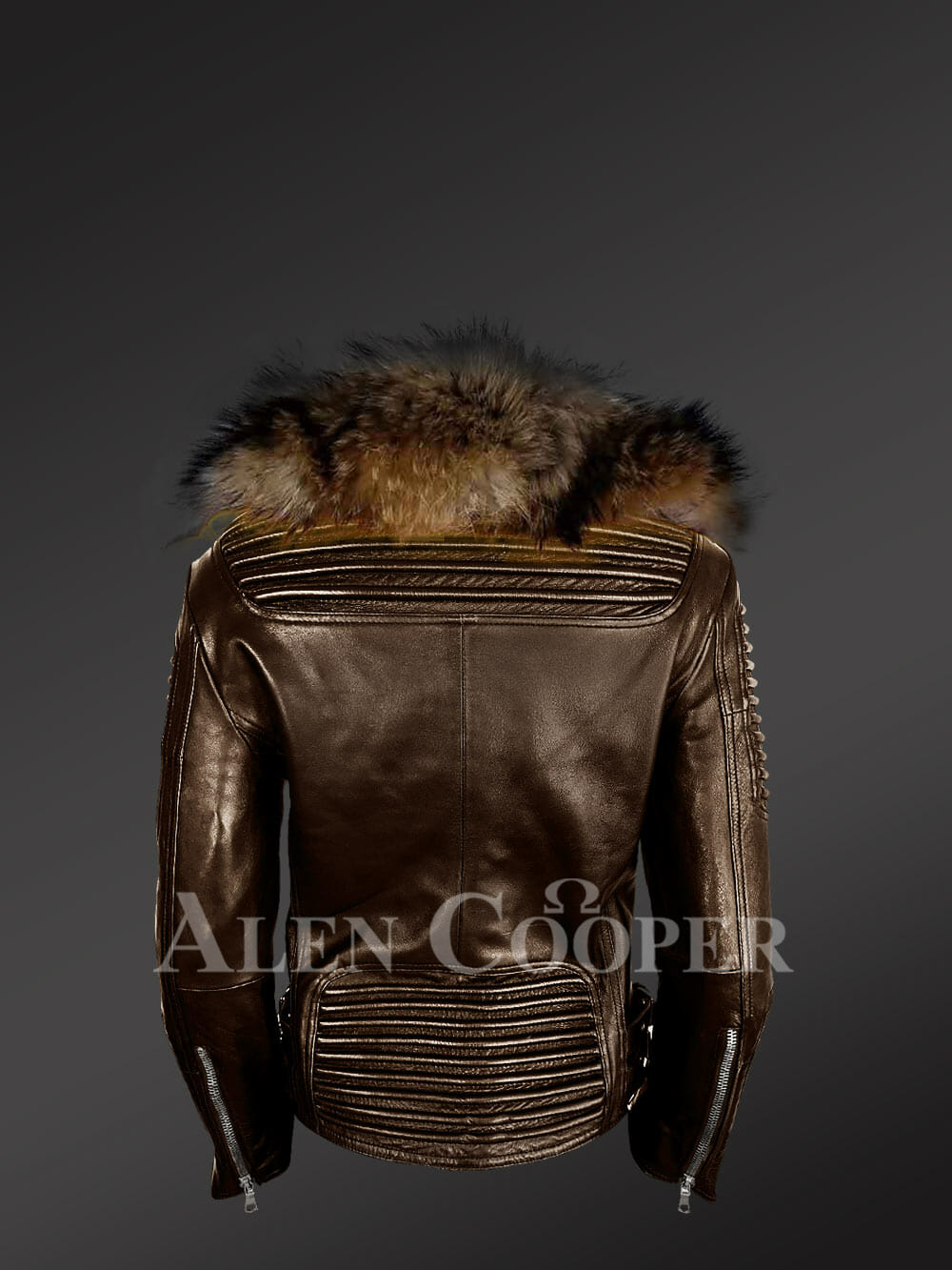 Womens Leather Biker Jacket with Detachable Finn Raccoon Fur Collar - Image 7