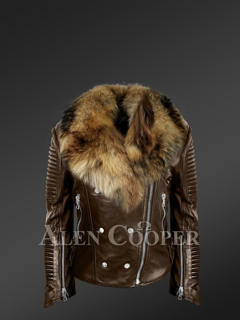 Womens Leather Biker Jacket with Detachable Finn Raccoon Fur Collar - Image 3