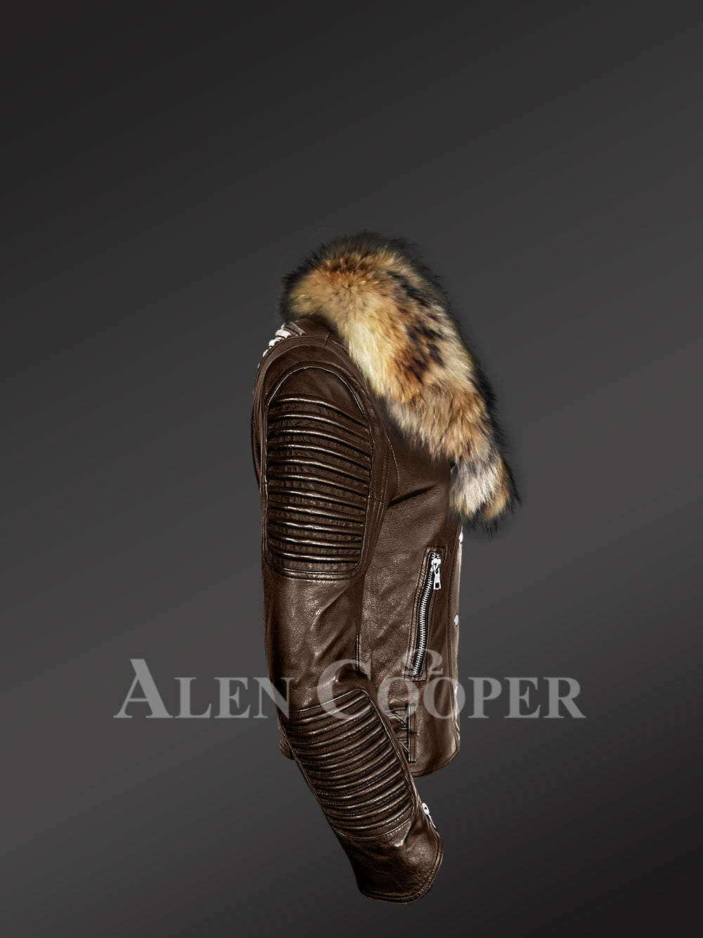 Womens Leather Biker Jacket with Detachable Finn Raccoon Fur Collar - Image 5