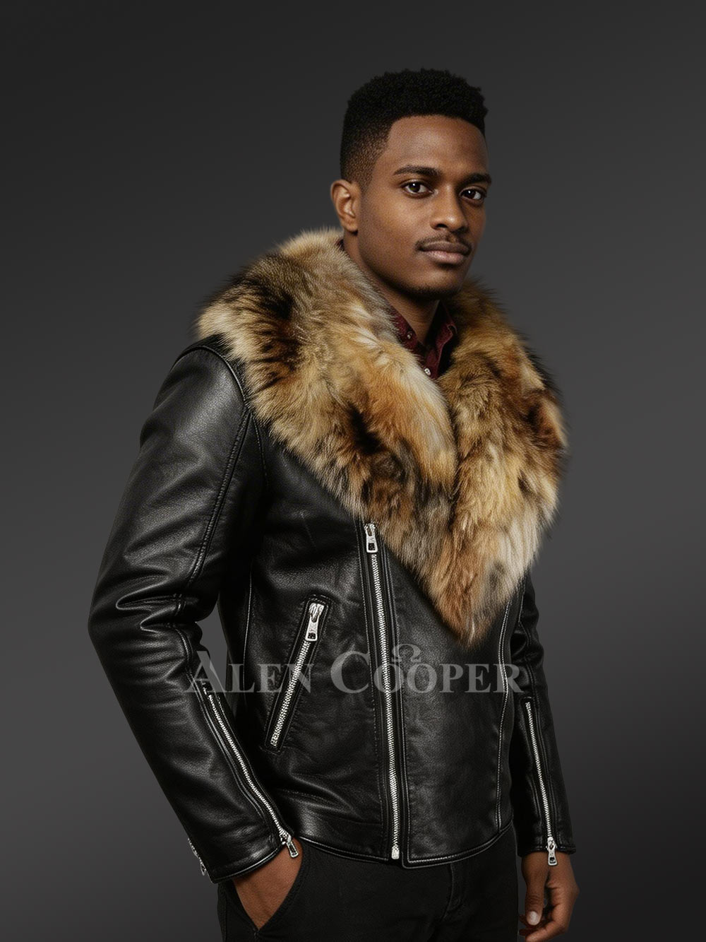 Mens Biker Jacket with Detachable Raccoon Fur Collar - Image 2