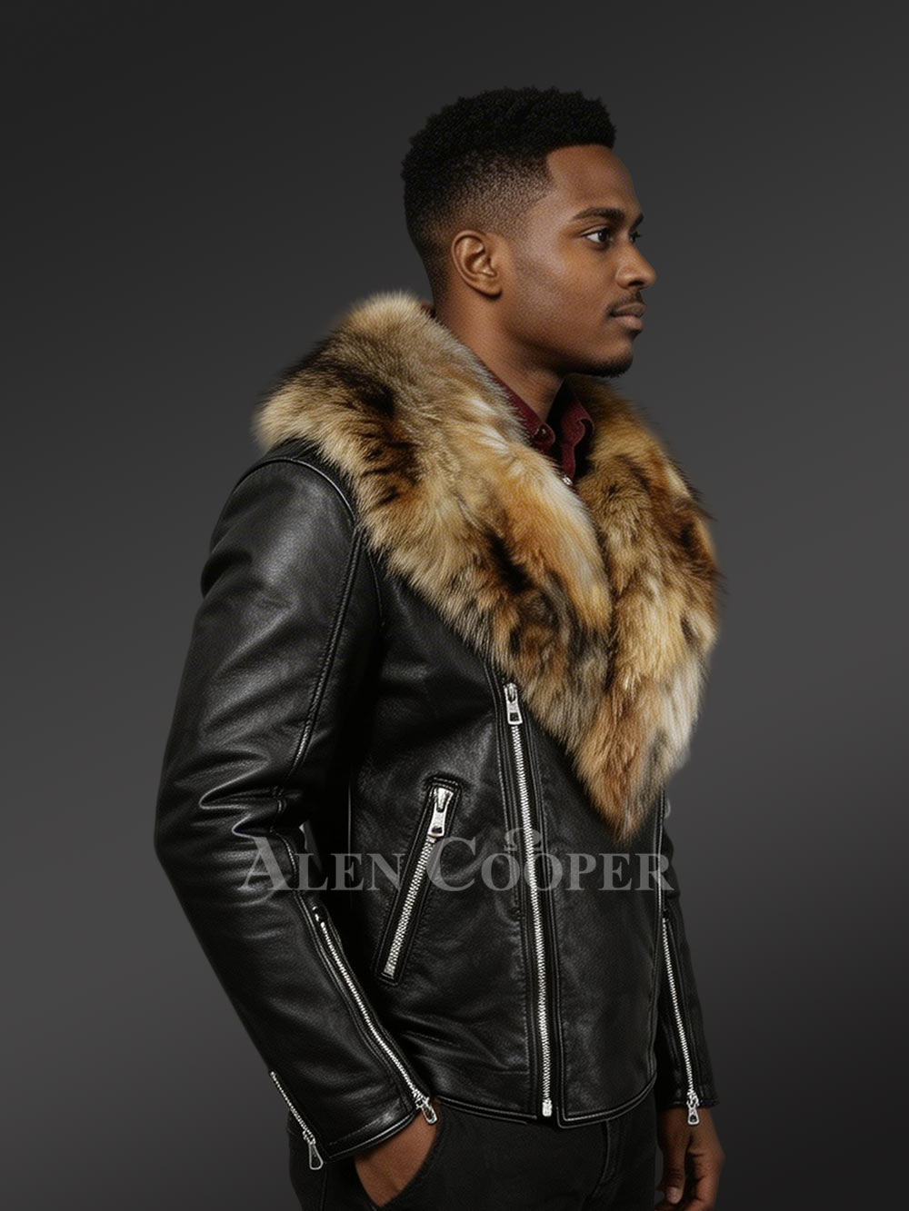 Mens Biker Jacket with Detachable Raccoon Fur Collar - Image 3