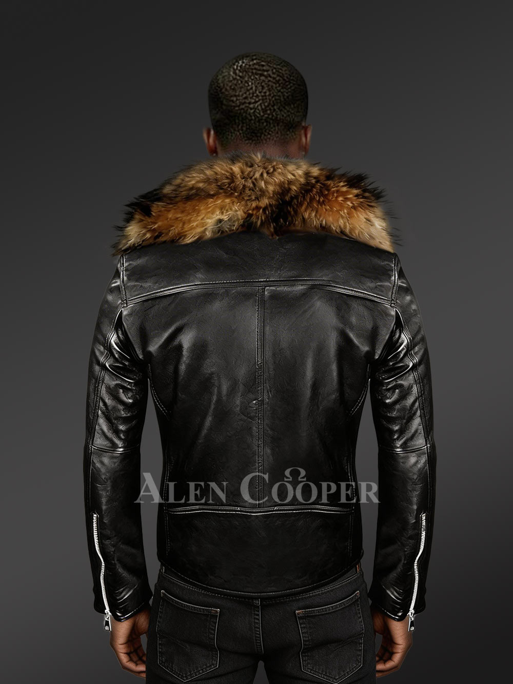 Mens Biker Jacket with Detachable Raccoon Fur Collar - Image 4