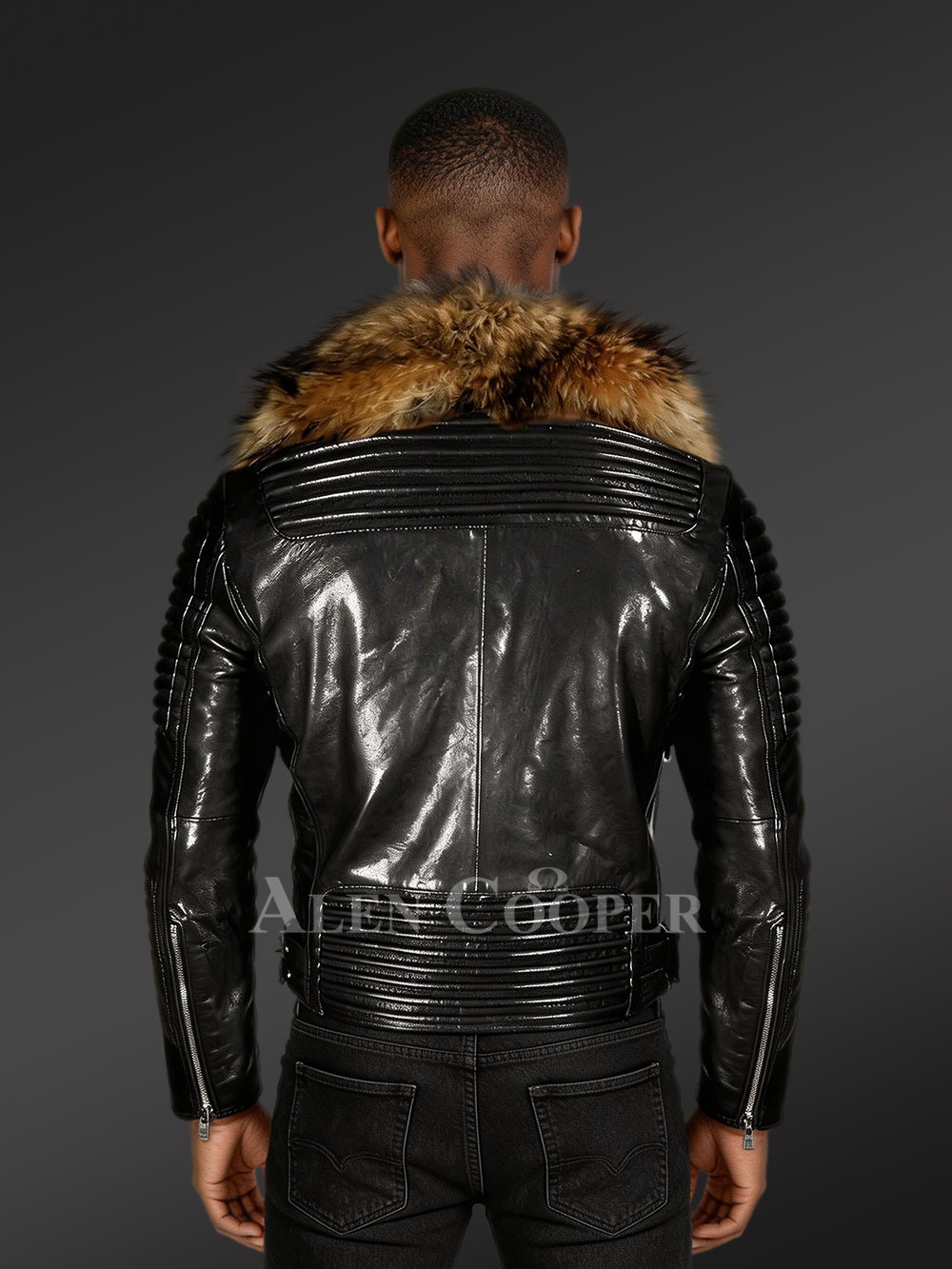 Men’s Leather Jacket with Chic Finn Raccoon Fur Collar - Image 3