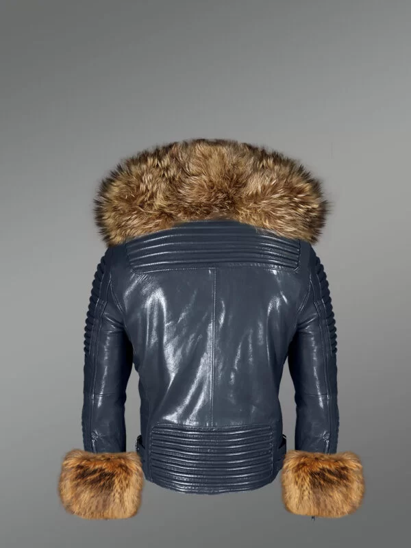 Men’s Navy Leather Jacket with Raccoon Fur Collar and Handcuffs - Image 5