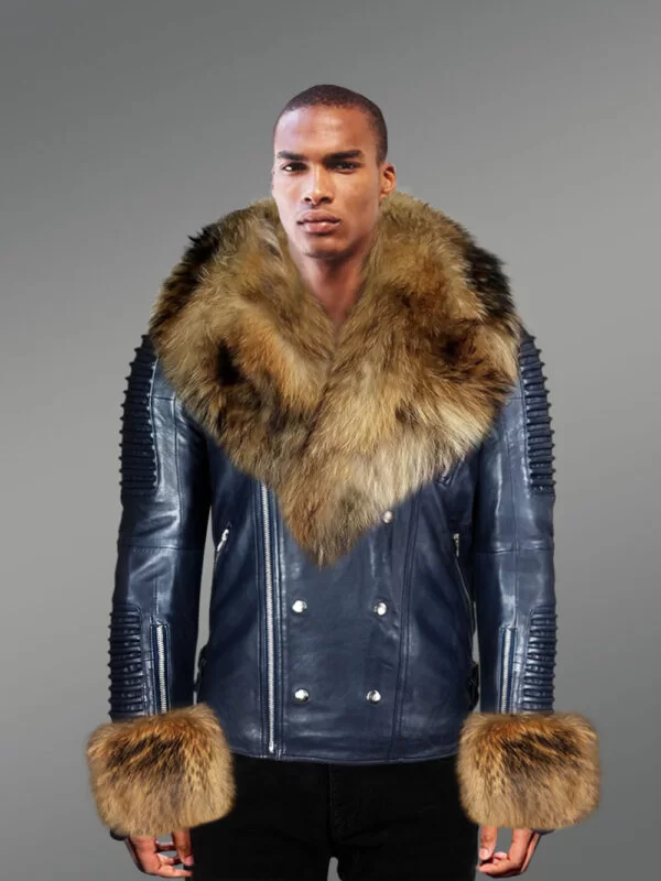 Men’s Navy Leather Jacket with Raccoon Fur Collar and Handcuffs